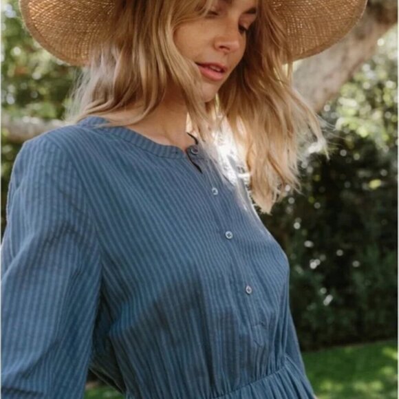 Jenni Kayne Seersucker Stripe Button Front Shirt Maxi Dress Ink Pockets - Picture 2 of 11